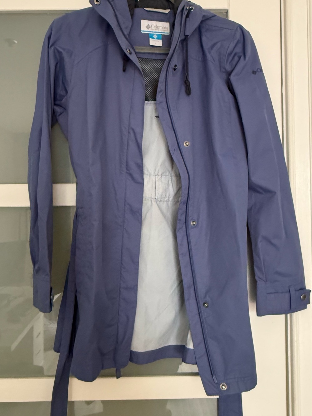 Columbia Women's Pardon My Trench Rain Jacket Navy Blue Belted Hooded Coat